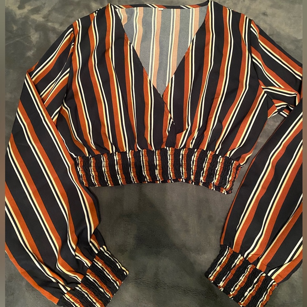 NWOT V Neck Striped Long Sleeve Crop Top
